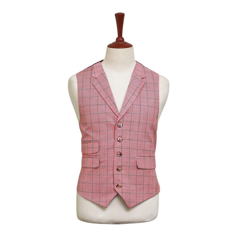 Mens Vest 44R Red Black White Plaid Check Waistcoat XL Formal Wedding Prom Party